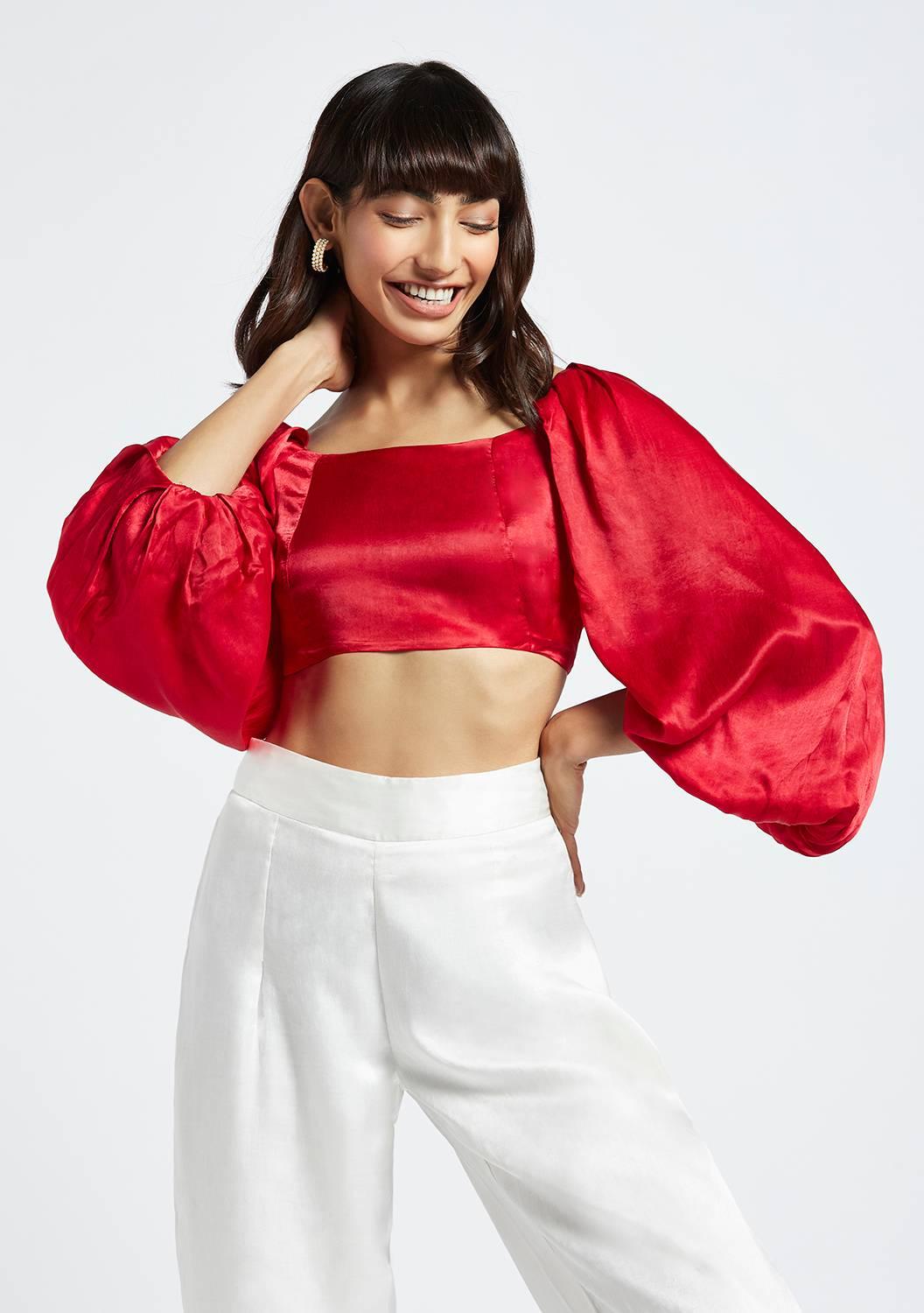 Bruna Scarlet Red Bubble Sleeve Crop Top - QUERATED