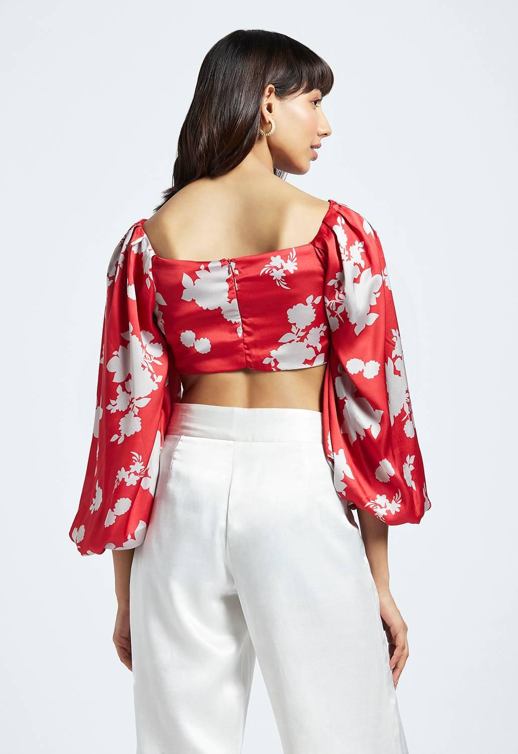 Bruna Red Printed Bubble Sleeve Crop Top - QUERATED