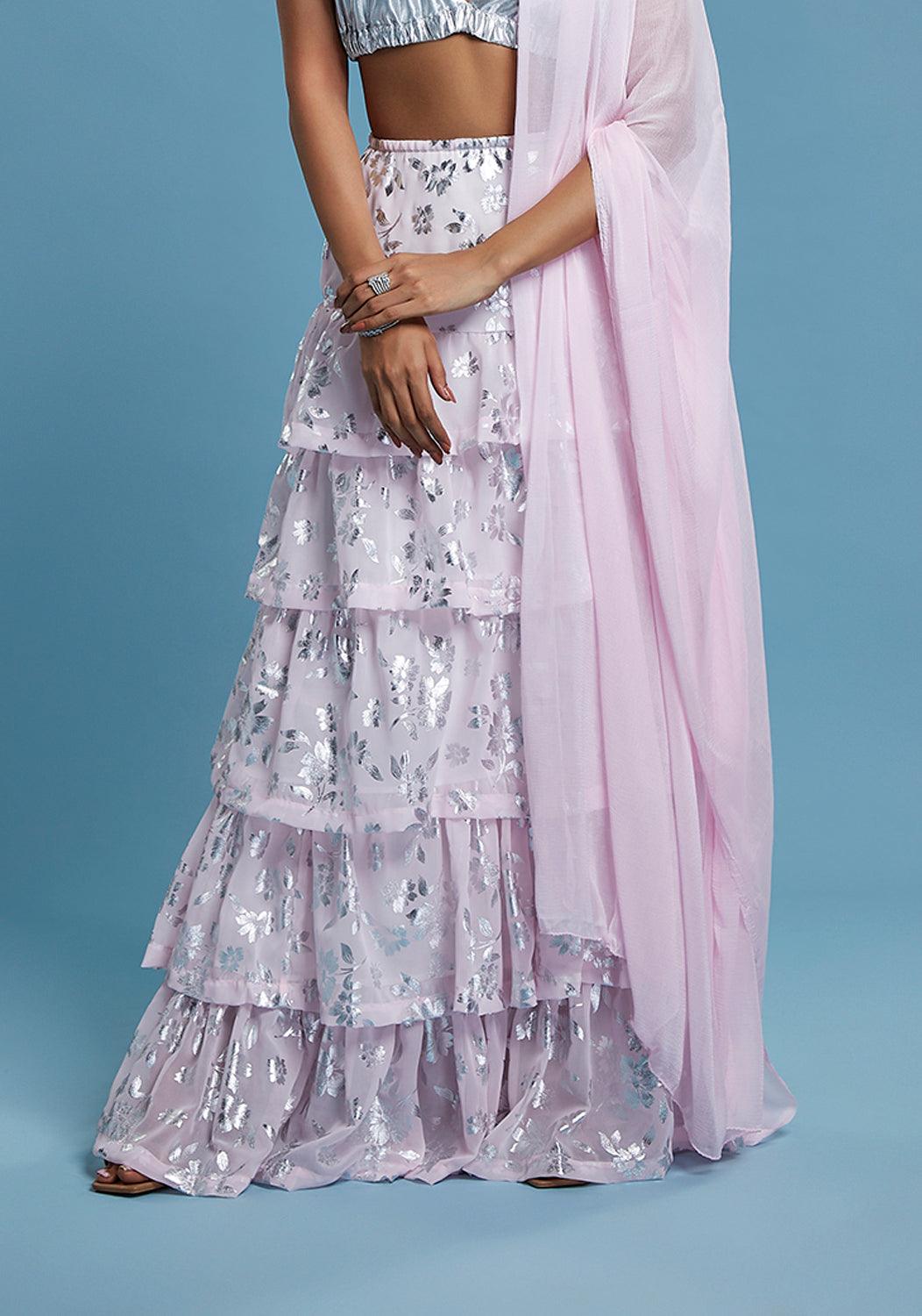 Baby Pink Slit Ruffled Lehenga Skirt - QUERATED