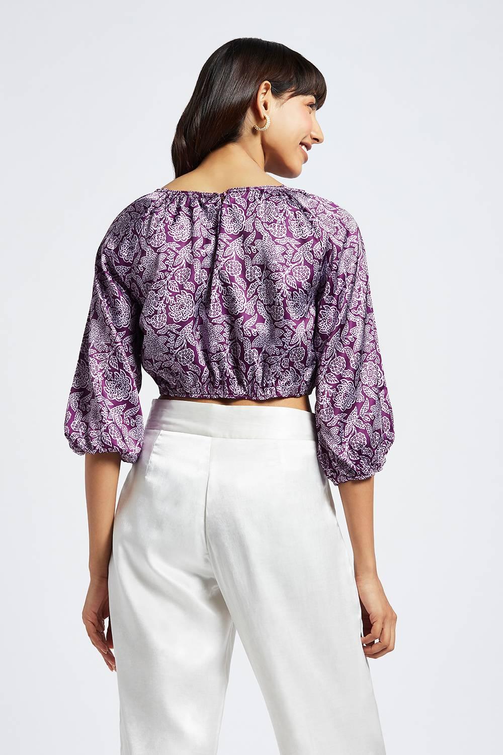 Diana Azulejo Printed Bubble Sleeve Crop Top