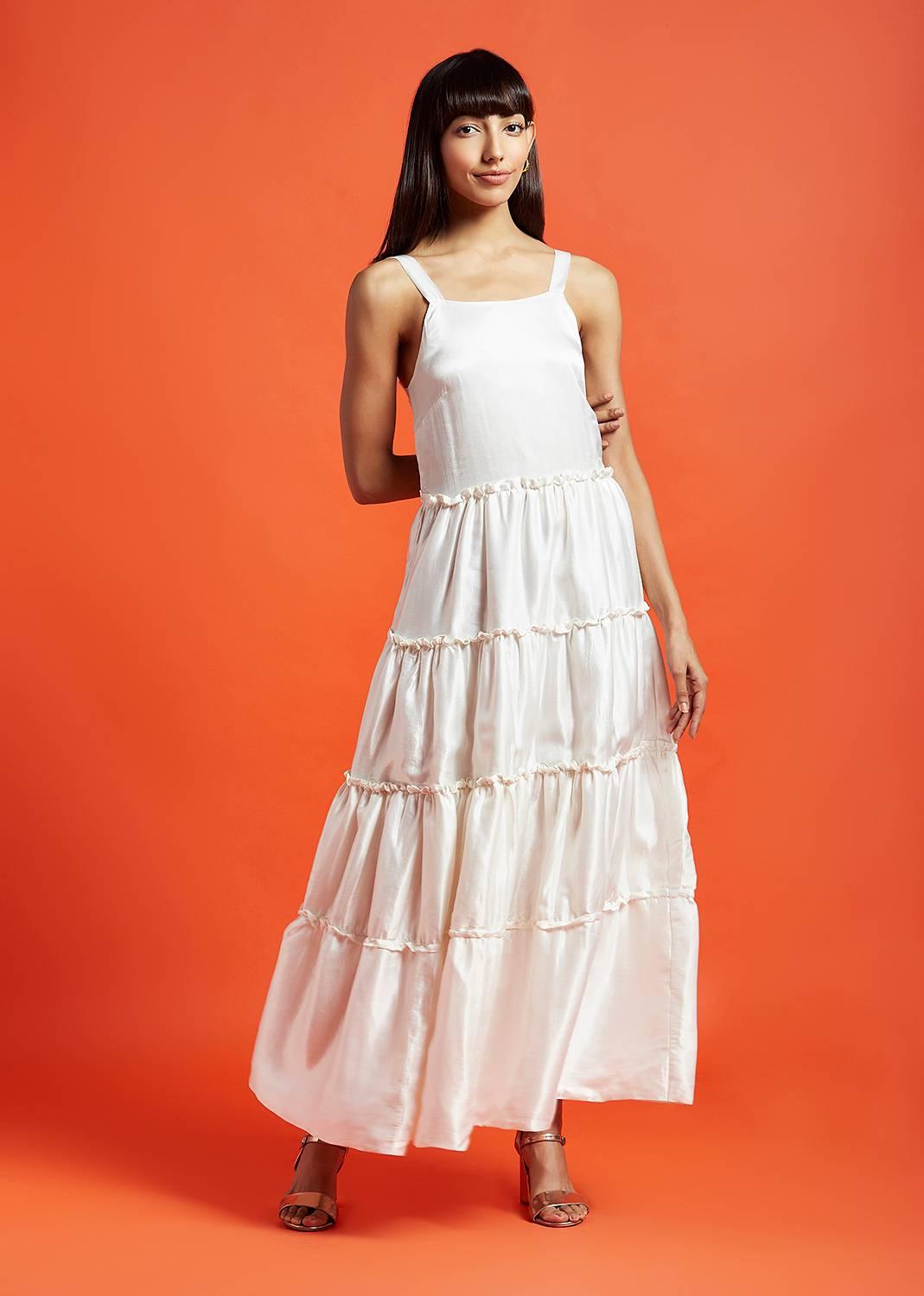 Lara Oyster White Tiered Maxi Dress - QUERATED