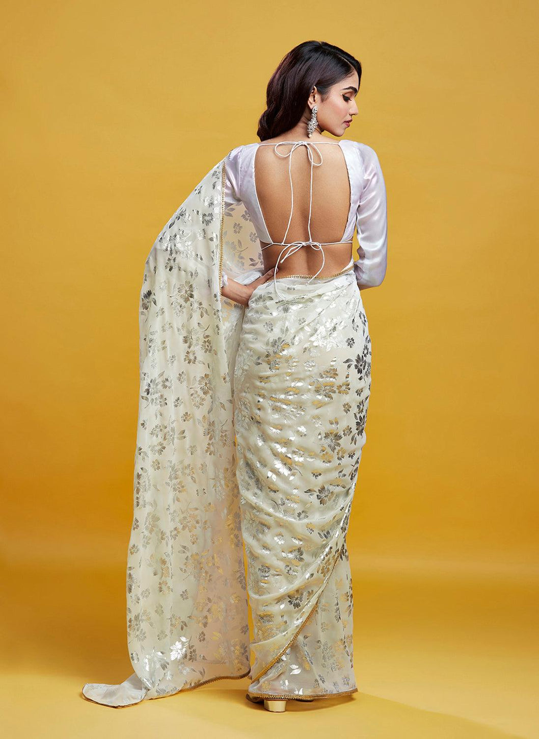 White & Silver Barfi Saree