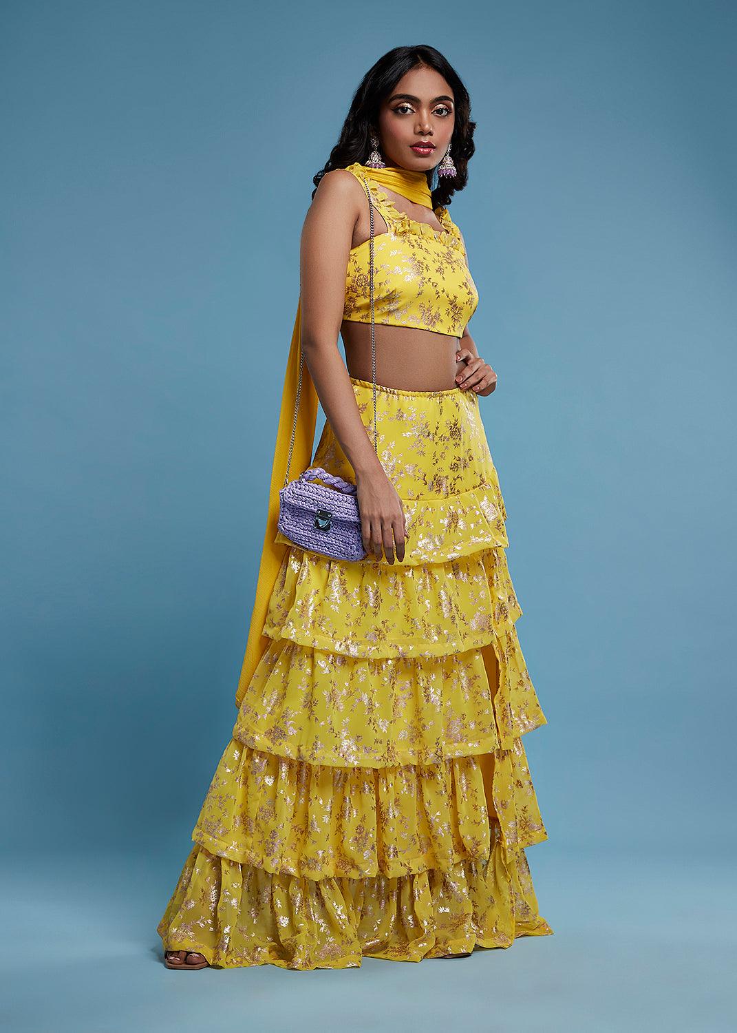 Yellow Full Sleeve Ruffle Lehenga Set - QUERATED