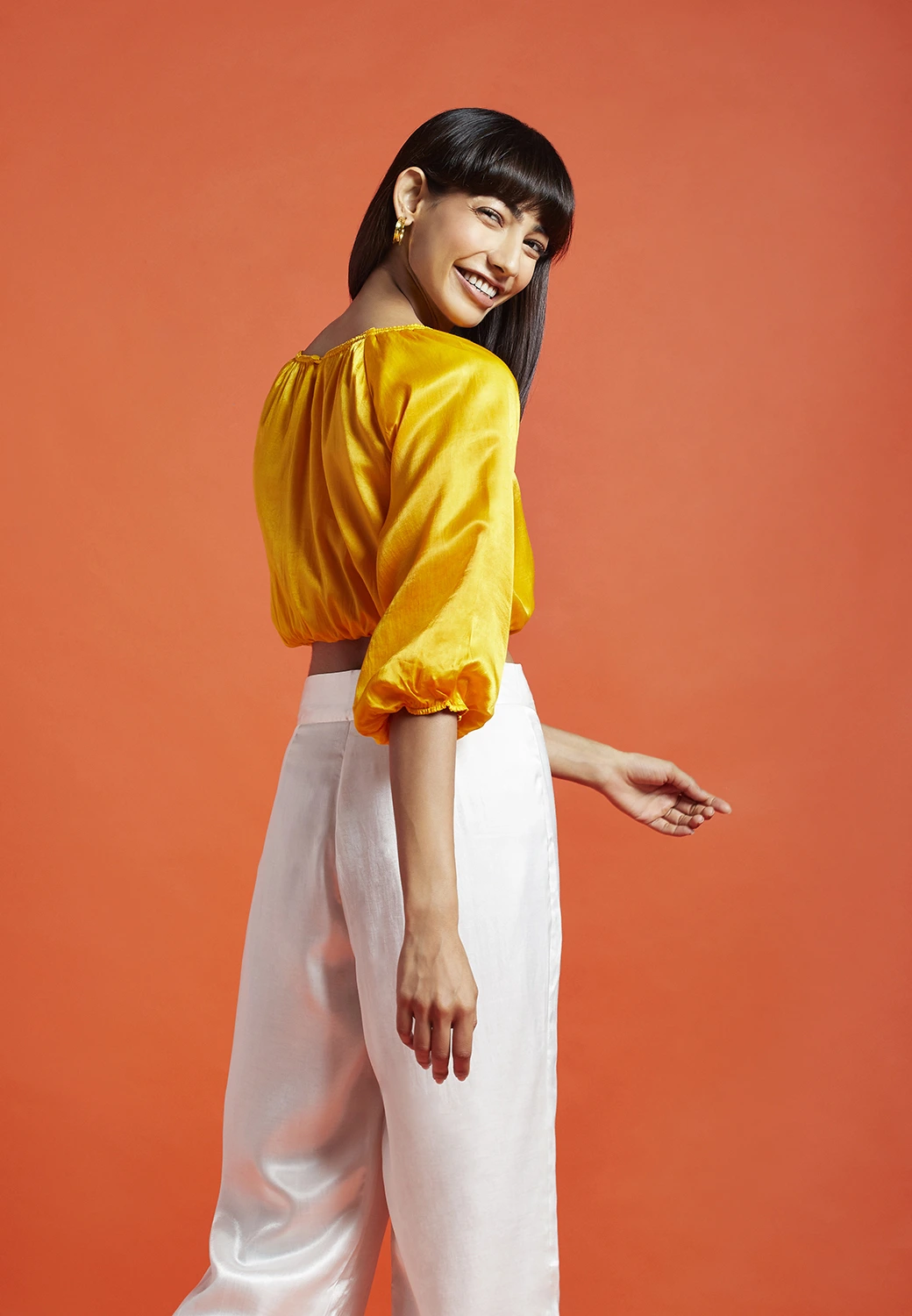 Diana Spicy Mustard Bubble Sleeve Crop Top