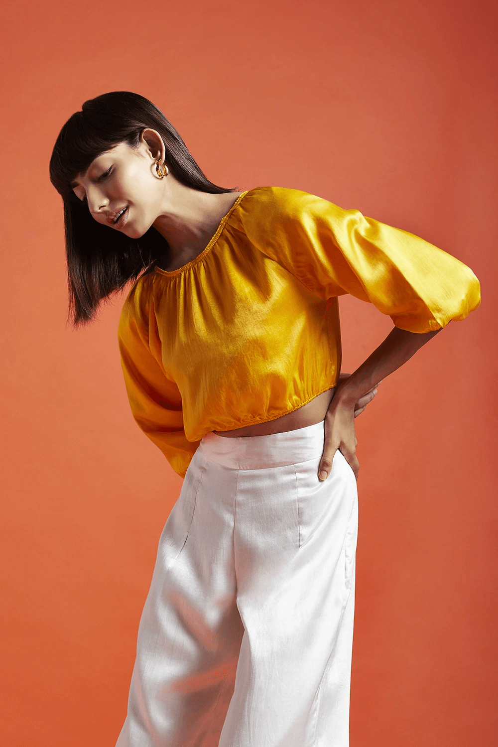 Diana Spicy Mustard Bubble Sleeve Crop Top - QUERATED