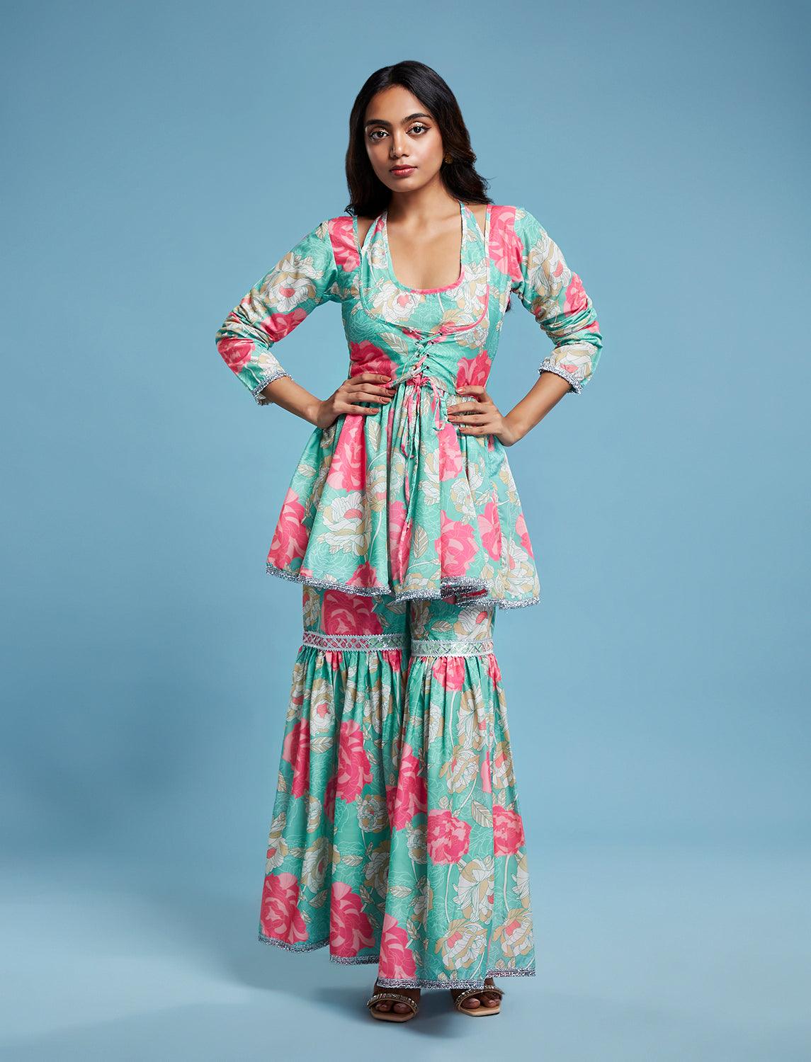 Floral Peplum Sharara Set - QUERATED