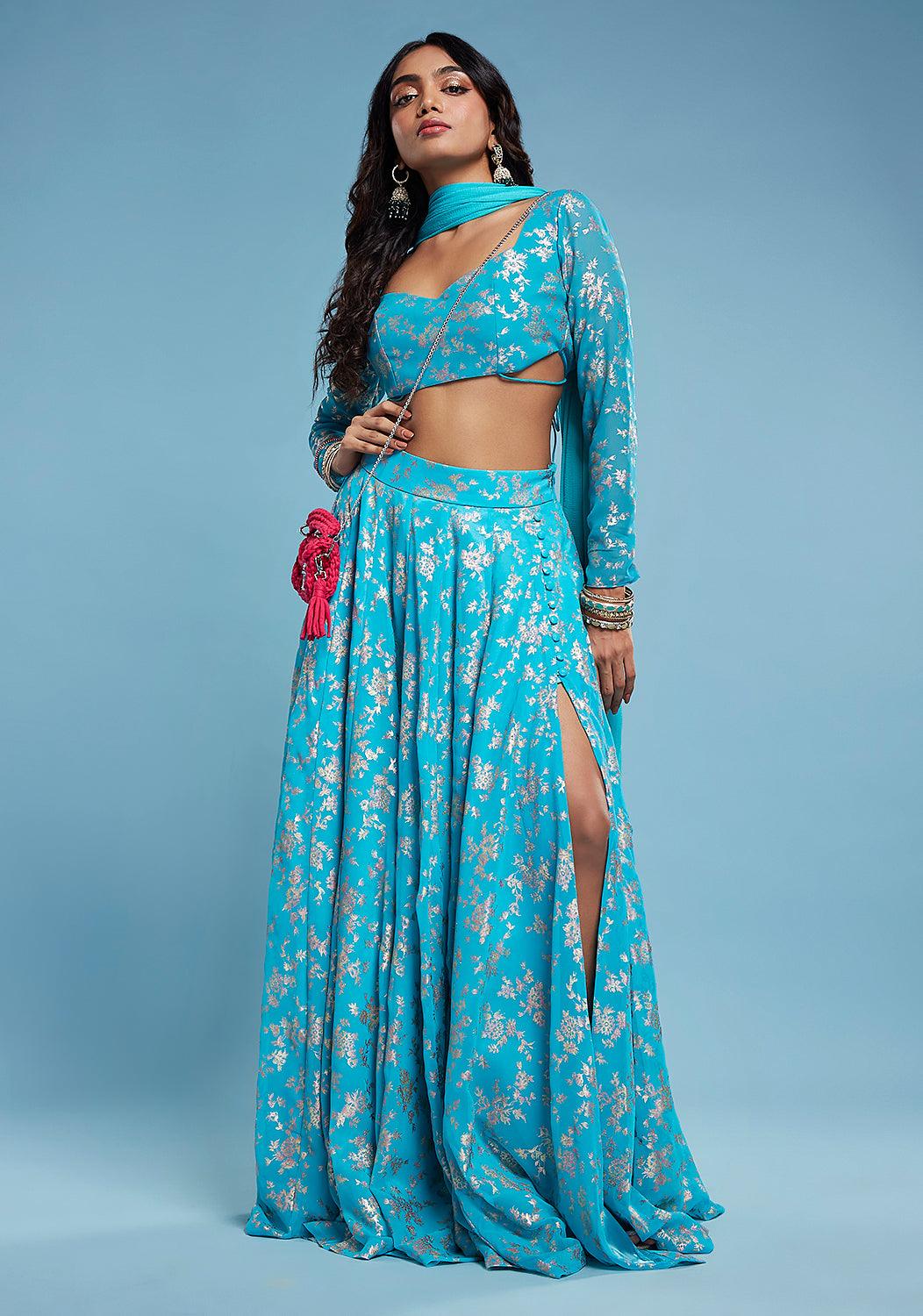 Turquoise Backless Lehenga Set - QUERATED