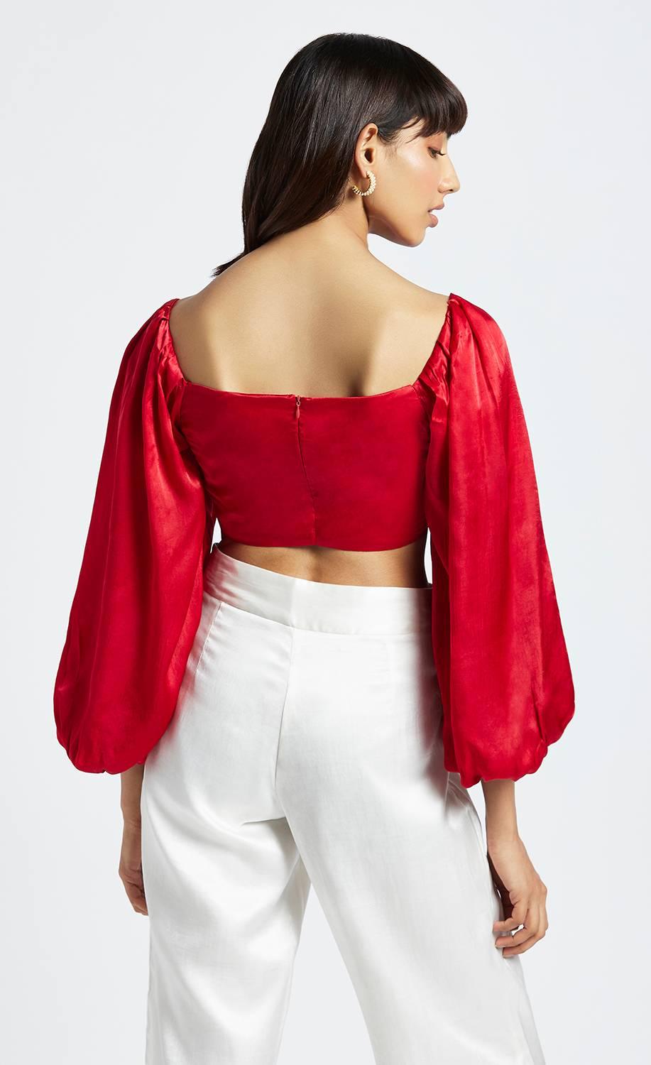 Bruna Scarlet Red Bubble Sleeve Crop Top