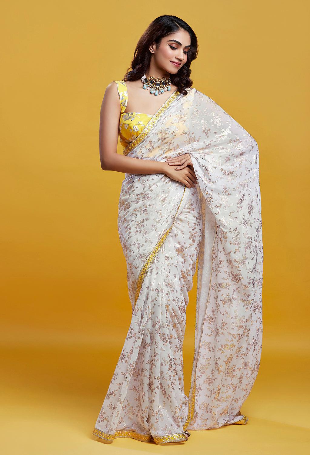 White & Gold Barfi Saree - QUERATED