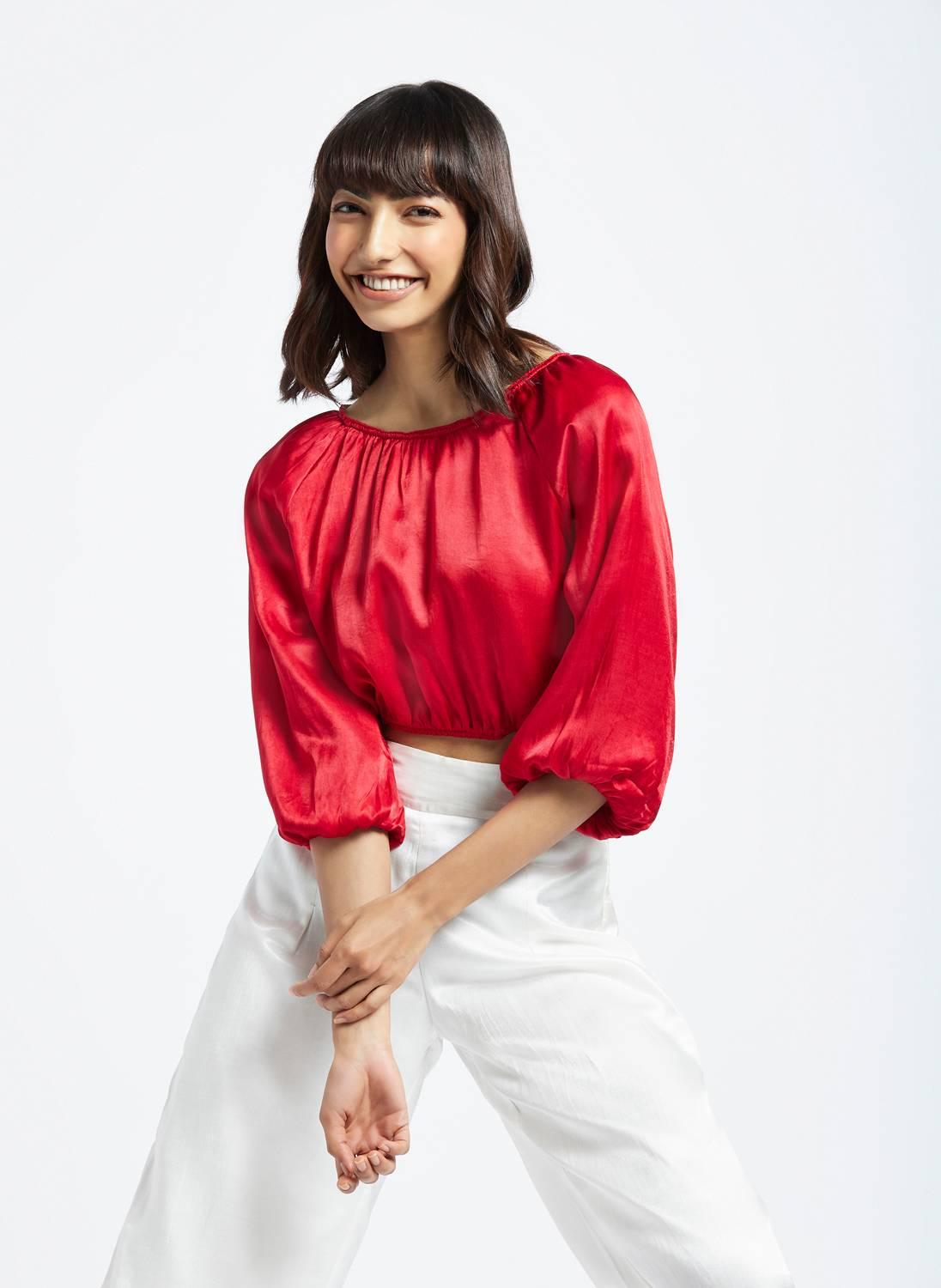 Diana Scarlet Red Bubble Sleeve Crop Top - QUERATED