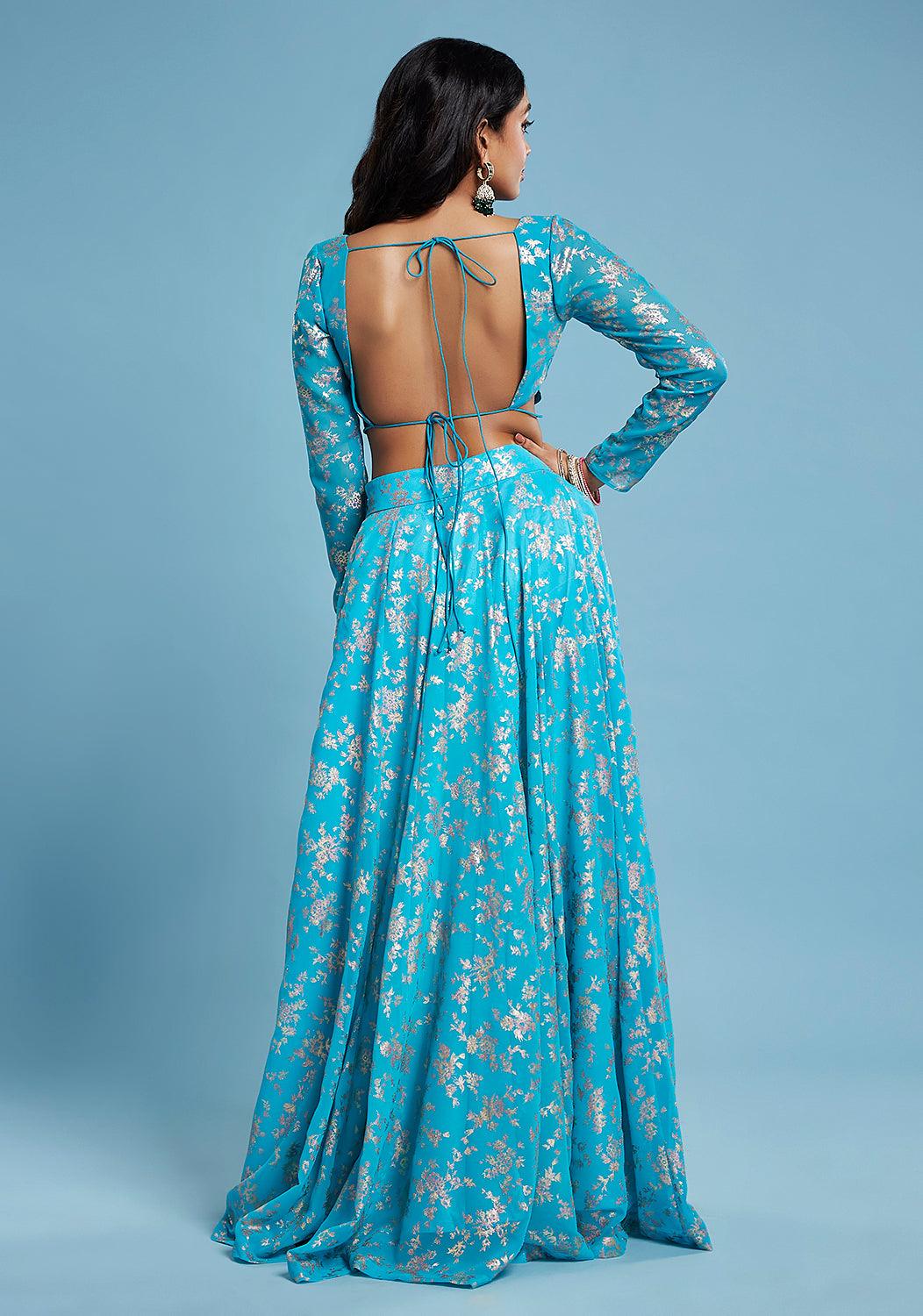 Turquoise Backless Lehenga Set - QUERATED