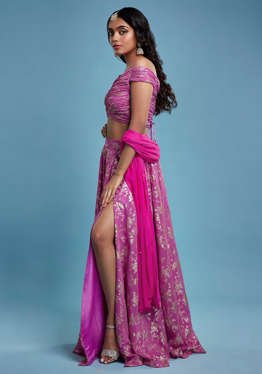 Purple Off-Shoulder Lehenga Set - QUERATED