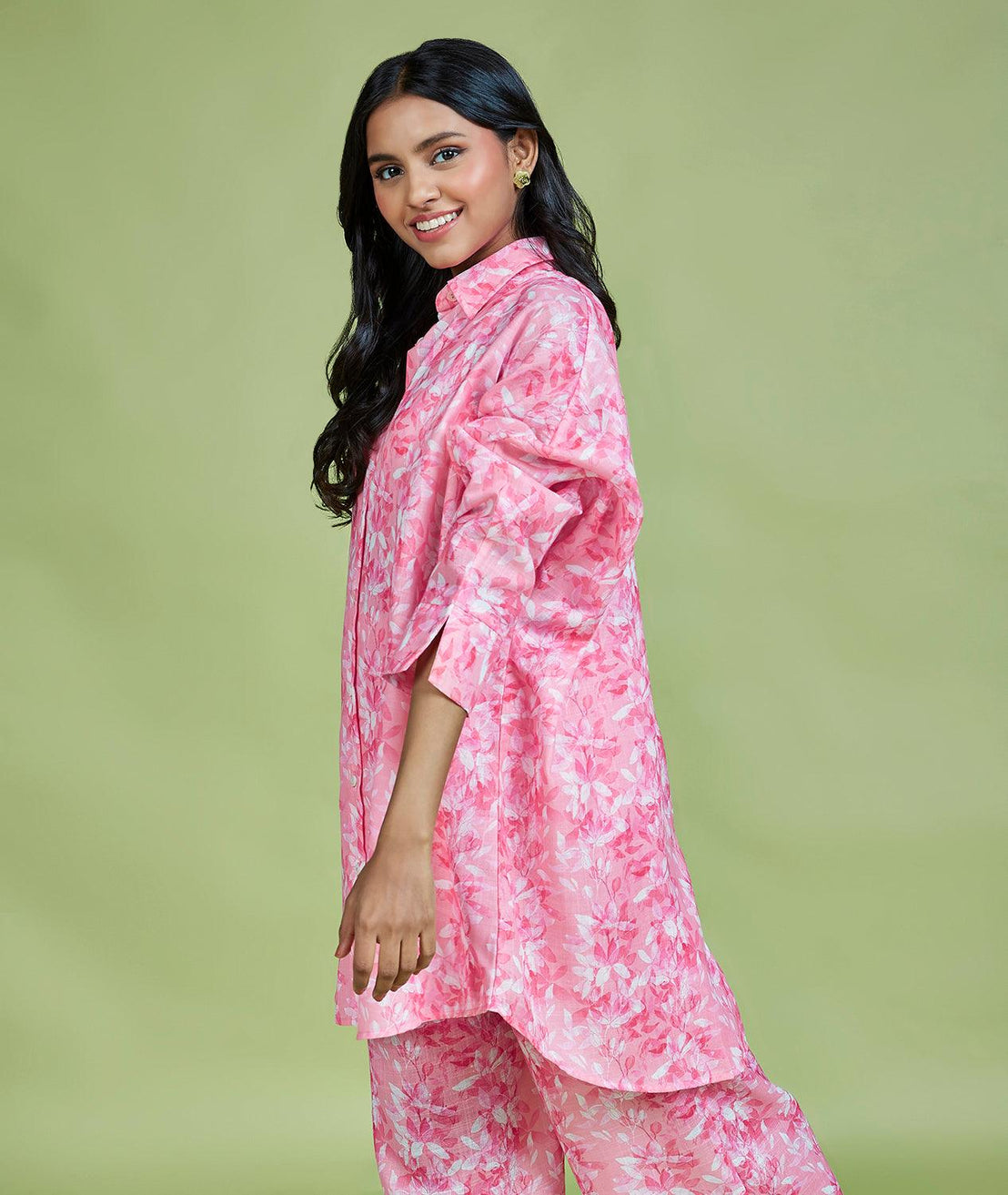 Pink Cotton Linen Floral Printed Oversized Shirt