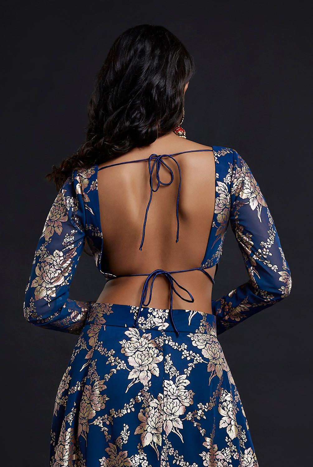 Navy Backless Vark Lehenga Set - QUERATED