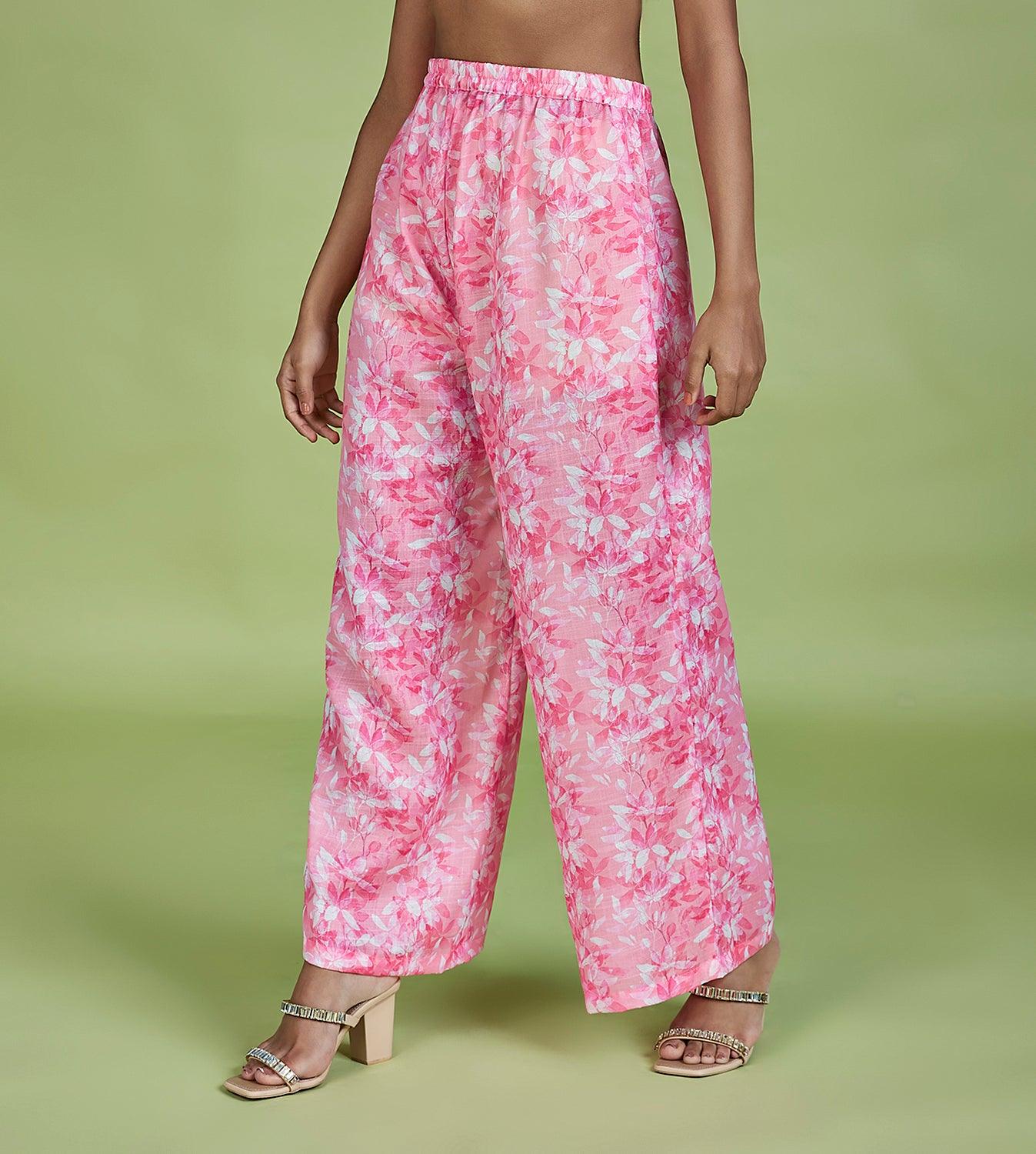 Pink Cotton Linen Floral Printed Palazzo Pants - QUERATED