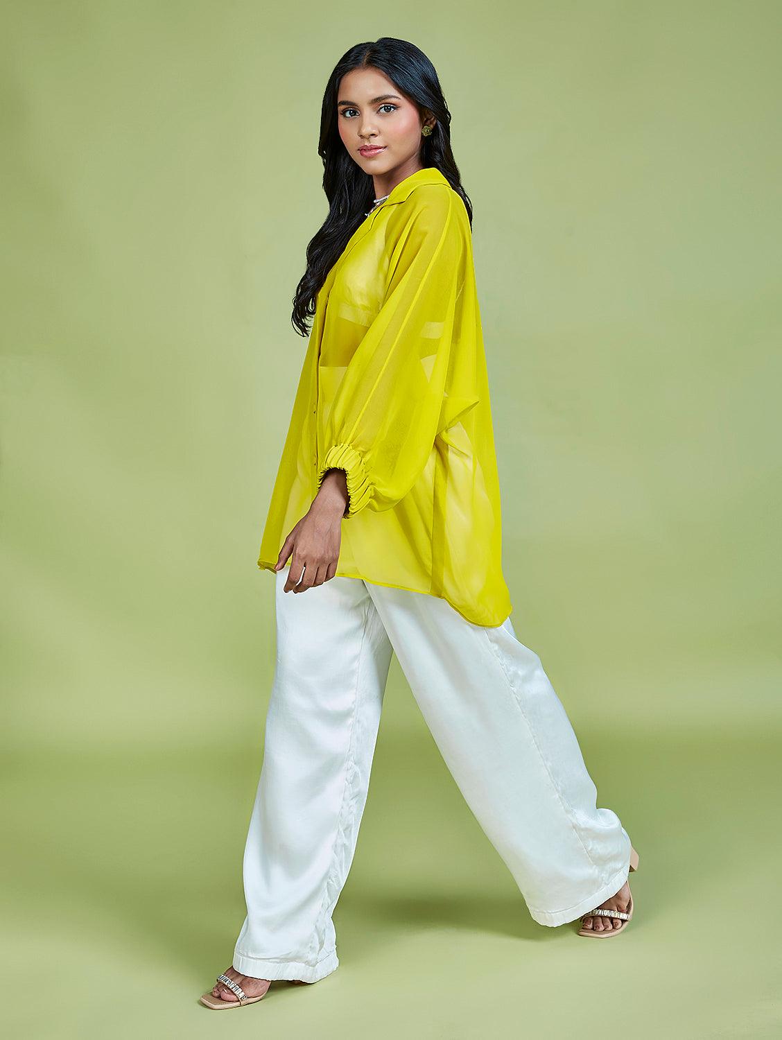 Lime Green Georgette Oversized Shirt - QUERATED