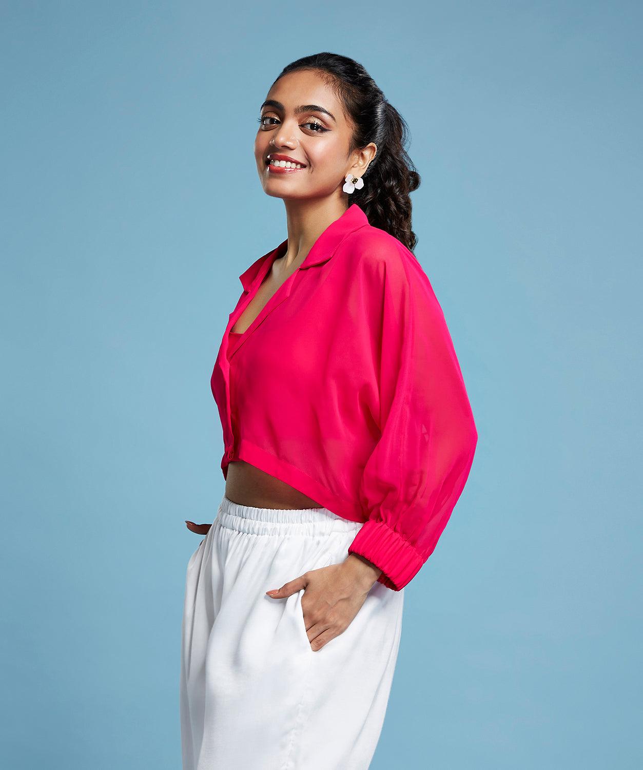 Pink Georgette Oversized Cropped Shirt - QUERATED