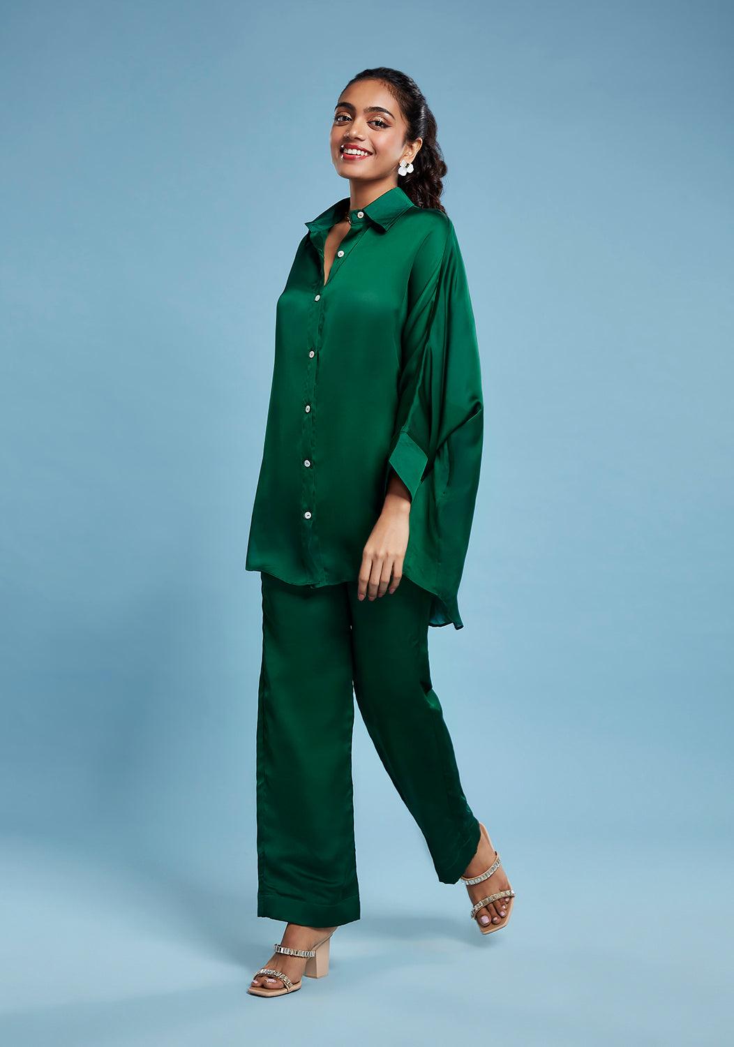 Green Satin Georgette Oversized Shirt - QUERATED