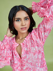 Pink Cotton Linen Floral Printed Top - QUERATED