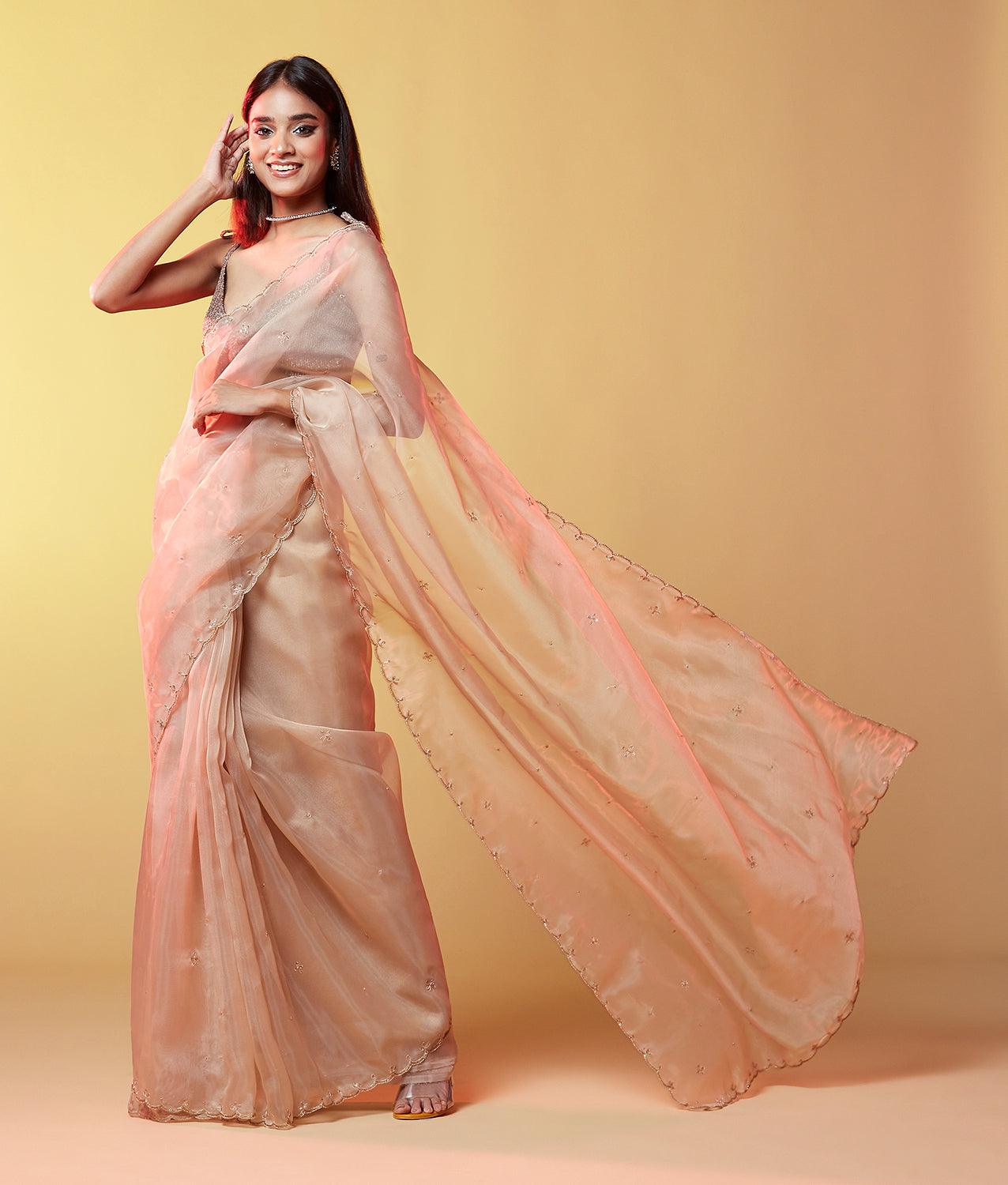 Dull Gold Organza Saree - QUERATED