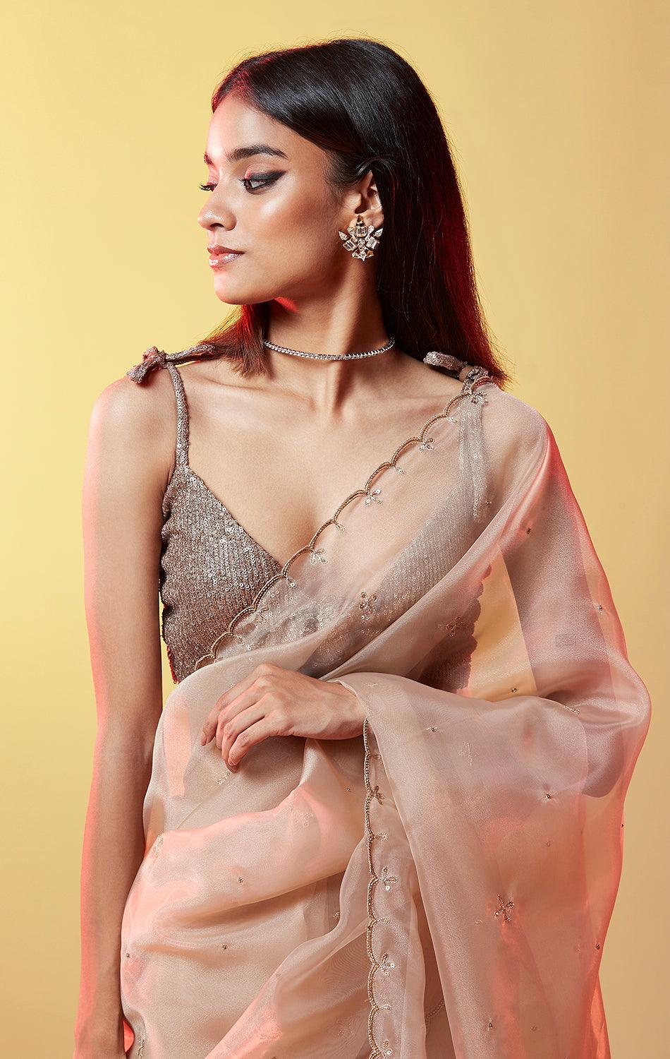 Dull Gold Organza Saree - QUERATED