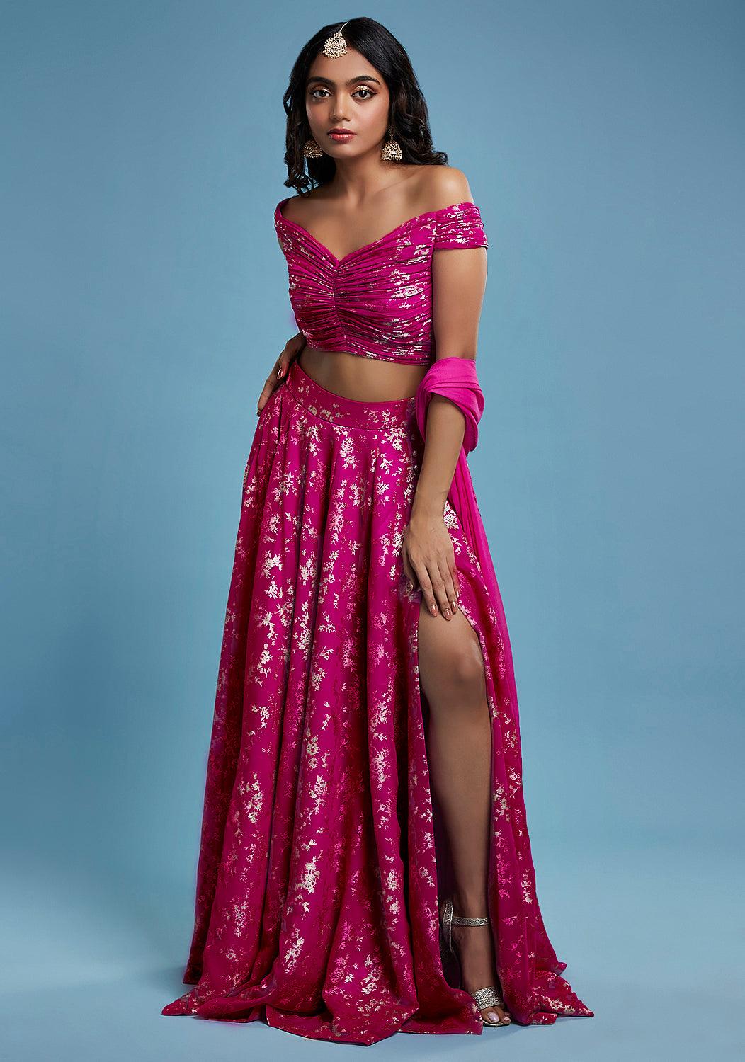 Fuchsia Off-Shoulder Lehenga Set - QUERATED