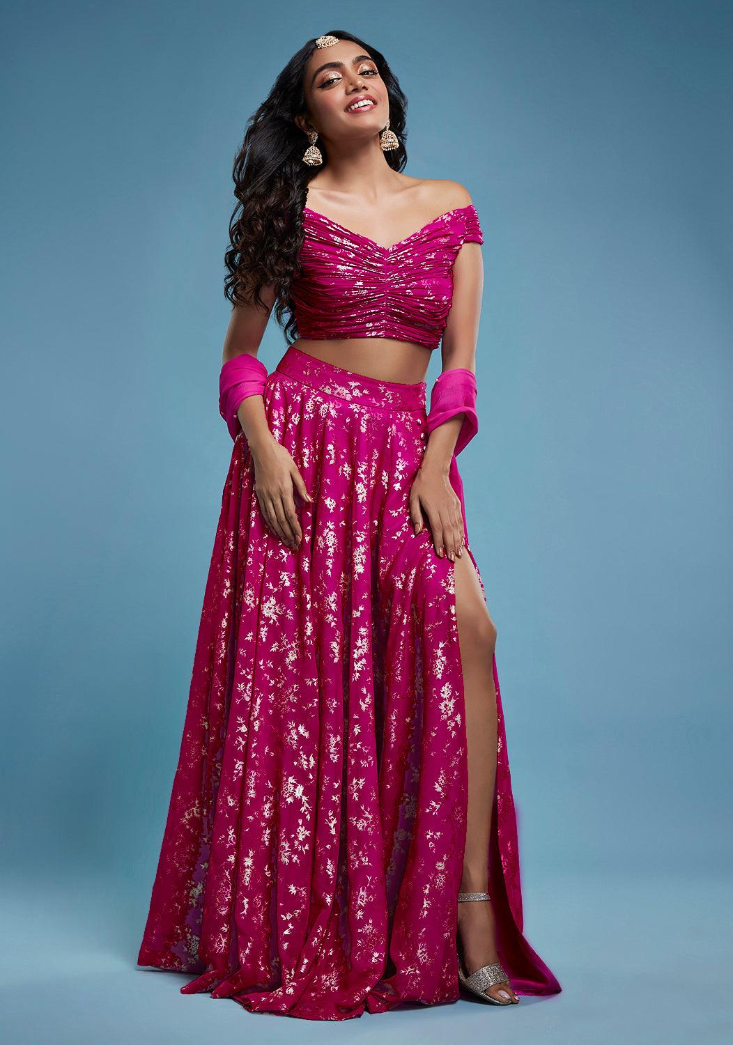 Fuchsia Off-Shoulder Lehenga Set - QUERATED